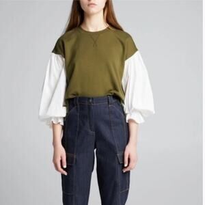 Cinq à Sept Green and White Puff Sleeve Sweatshirt